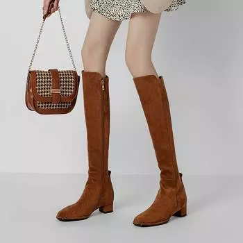 Осенне-зимняя обувь Krazing Pot из флока, женские высокие сапоги до бедра на низком каблуке с квадратным носком и застежкой-молнией 35 коричневый