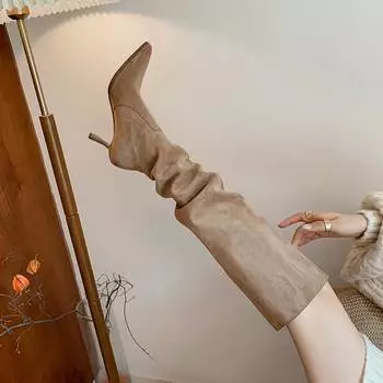 Осенне-зимняя обувь Krazing Pot из флока на тонком высоком каблуке, плиссированные женские сапоги выше колена с украшением 35 коричневый