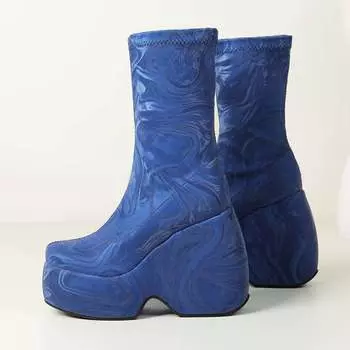 Осенне-зимняя обувь Lenkisen Flock на очень высоком каблуке с принтом на танкетке, эластичные ботинки на платформе, сохраняющие тепло, модные ботинки до середины голени 34 чёрный