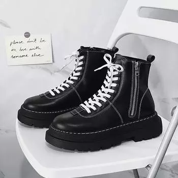 Осенне-зимняя обувь. Мужские повседневные универсальные кожаные ботинки на среднем каблуке с круглым носком и высоким берцем. 39 чёрный