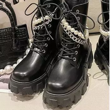 Осенне-зимняя обувь Полуботинки на толстой подошве с жемчужной цепочкой и яркой лакированной кожей 35 чёрный