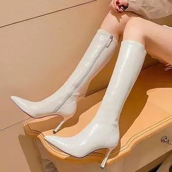 Осенне-зимняя обувь. Сапоги на высоком каблуке. Женские сапоги. Сапоги на резинке с острым носком. Сапоги на тонком каблуке и высокие сапоги. 35 белый