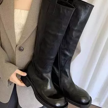 Осенне-зимняя обувь. Сапоги в стиле ретро на толстом каблуке и толстой подошве. Женские сапоги из мягкой кожи, но тонкие сапоги до колена. 35 чёрный