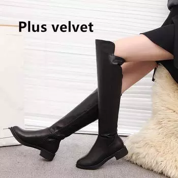Осенне-зимняя обувь. Сапоги выше колена. Женская обувь с тонкими длинными эластичными ботинками и высокой плоской подошвой. 35 чёрный
