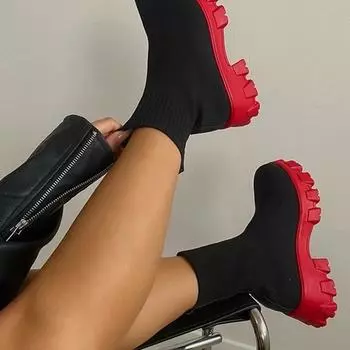 Осенне-зимняя обувь. Трикотажные женские сапоги больших размеров на толстой подошве и удобные женские ботинки на низких трубках. 36 белый