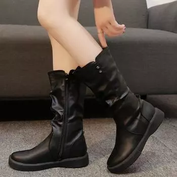 Осенне-зимняя обувь. Туфли больших размеров. Удобные женские ботинки с круглым носком и молнией на плоском каблуке. 35 чёрный