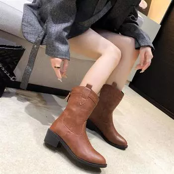 Осенне-зимняя обувь. Удобные женские ботинки на толстом каблуке большого размера и толстой подошве, с короткими рукавами и молниями сзади. 35 темно-коричневого