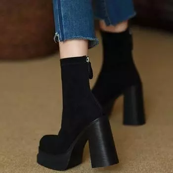 Осенняя и зимняя обувь Водонепроницаемые сверхвысокие каблуки Толстые каблуки и короткие сапоги Тонкие сапоги для женщин 35 чёрный