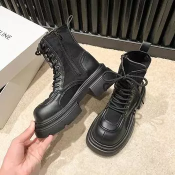 Осенне-зимняя обувь в стиле ретро, удобная, легкая, на толстой подошве, на низком каблуке, с большим носком, на шнуровке, женские ботинки 35 чёрный