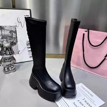 Осенне-зимняя обувь. Женские ботинки на высоком каблуке на толстой подошве и толстом каблуке. Женская молния сзади. 35 чёрный