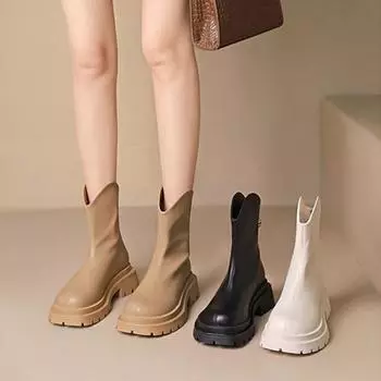 Осенне-зимняя обувь, женские ботинки с круглой головкой и толстой подошвой на толстой подошве и застежкой-молнией сзади. 35 чёрный