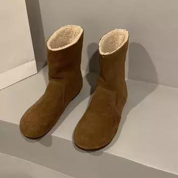 Осенне-зимняя обувь. Женские мягкие кожаные ботинки на толстой подошве с матовой молнией. Женские ботинки с круглой головкой. 35 коричневый