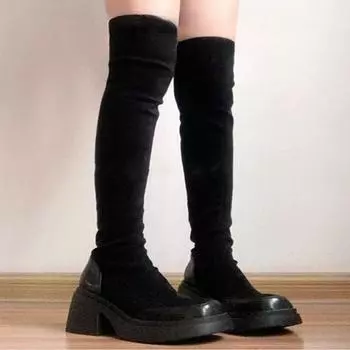 Осенне-зимняя обувь. Женские сапоги большого размера с удобным длинным голенищем выше колена и толстой подошвой. 35 чёрный