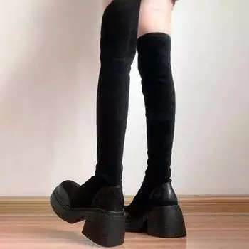 Осенне-зимняя обувь. Женские сапоги большого размера с удобным длинным голенищем выше колена и толстой подошвой. 35 чёрный