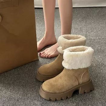 Осенне-зимняя обувь. Женские сапоги на толстом и высоком каблуке. Зимние сапоги из точеной шерсти. Хлопок. 35 чёрный