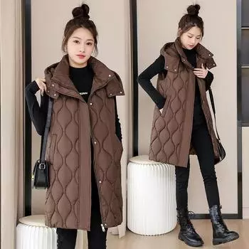 Осенне-зимняя одежда больших размеров из утолщенного хлопка, жилет средней и длинной длины для девочек, безрукавка из хлопка, куртка M чёрный