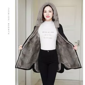 Осенне-зимняя одежда больших размеров из хлопка, искусственный мех, куртка женская, средней длины, утолщенный бархат, имитация овечьей шерсти, подкладка, черный цвет M recommends 85-52.5 kg чёрный