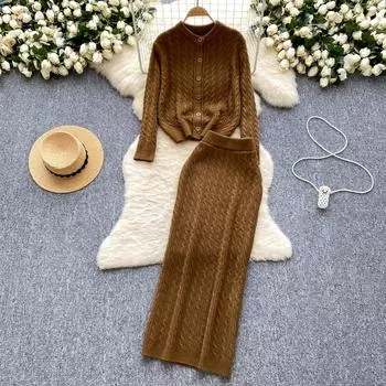 Осенне-зимняя одежда, комплект из 2 предметов, женский кардиган на пуговицах с длинными рукавами и эластичной облегающей юбкой, базовый трикотажный свитер One Size чёрный