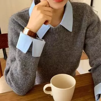Осенне-зимняя одежда контрастного цвета с длинным рукавом, свитер-топ женский, мультяшный такса, серый, имитация двух частей, рубашечный воротник, вязаный свитер женский average size