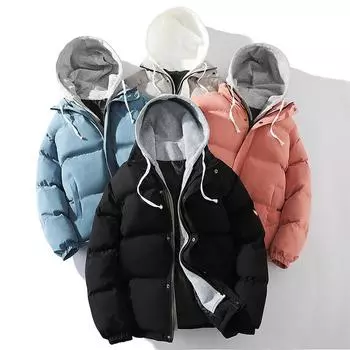 Осенне-зимняя одежда с капюшоном и хлопковой подкладкой, пара, стиль Гонконга, модный тренд, поддельные две утолщенные хлопковые одежды, теплая куртка M чёрный