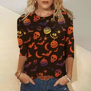 Осенне-зимняя одежда с круглым вырезом и необычным принтом на Хэллоуин, женские футболки с длинными рукавами 2024 года, топы из искусственного хлопка, тренд, горячая распродажа S