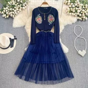 Осенне-зимняя одежда, темпераментное вязаное платье средней длины с длинными рукавами и цветочной вышивкой, повседневное цельное платье из сетки S синий/жёлтый