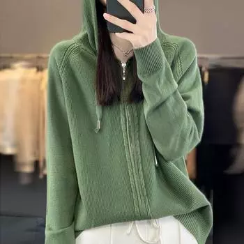 Осенне-зимняя однотонная двойная трикотажная куртка-свитер со свободной застежкой-молнией, новая толстовка с капюшоном для женщин M 95-110kg красный