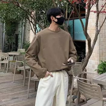 Осенне-зимняя однотонная футболка с длинным рукавом, мужская свободная большого размера, базовая, мужская и женская, джемпер с круглым вырезом S света кофе