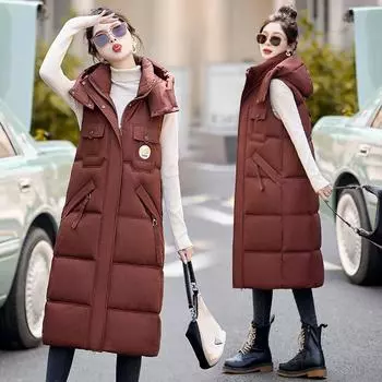 Осенне-зимняя однотонная хлопковая одежда с капюшоном длиной до колена, женская свободная теплая повседневная модная куртка без рукавов M чёрный