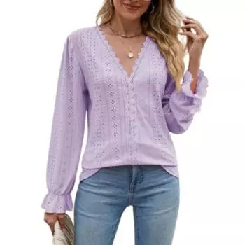 Осенне-зимняя однотонная кружевная лоскутная футболка с V-образным вырезом и длинными рукавами, свободная футболка, топ, блузки и рубашки S белый