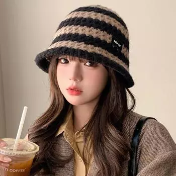 Осенне-зимняя однотонная маленькая шерстяная шляпа-ведро в полоску, подходящая по цвету, в стиле ретро, повседневная вязаная шапка ручной работы M56-58cm
