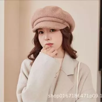Осенне-зимняя однотонная шерстяная ретро-тепловая шапка-берет женская универсальная утолщенная элегантная шерстяная шапка one size fits all чёрный