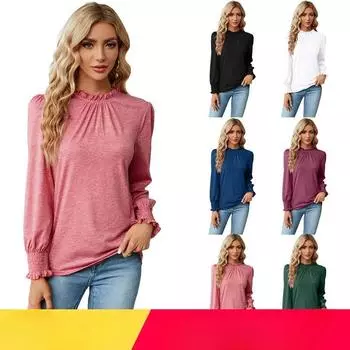 Осенне-зимняя однотонная свободная футболка с длинными рукавами и кружевным воротником для женщин S белый