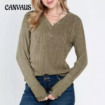 Осенне-зимняя однотонная свободная футболка с V-образным вырезом и пуговицами с длинным рукавом, женский трикотаж S зелёный