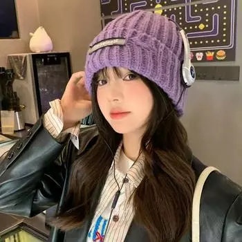 Осенне-зимняя однотонная вязаная шерстяная шапка с буквами, женская утолщенная, морозостойкая и теплая, защитная шапка для ушей, однотонная универсальная шапка-мешок M56-59cm чёрный