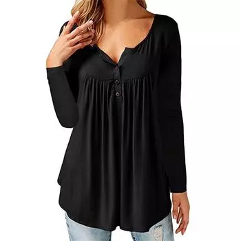 Осенне-зимняя однотонная женская футболка с v-образным вырезом неправильной формы, плиссированный топ на пуговицах с длинными рукавами S