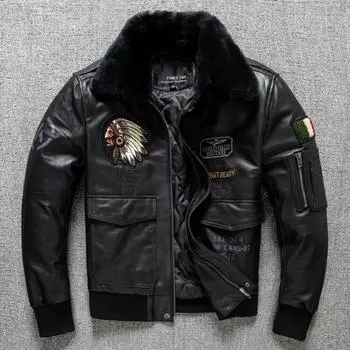 Осенне-зимняя овчина с меховым воротником, хлопковая вышитая кожаная куртка большого размера, мужская летная куртка S