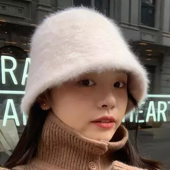 Осенне-зимняя панама из меха кролика, универсальная японская ретро-шляпа, однотонная, закрывающая лицо, женская теплая рыбацкая шапка, большая окружность головы Adjustable чёрный