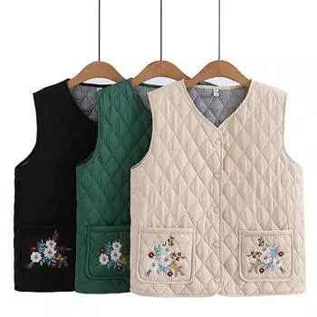 Осенне-зимняя парка больших размеров, женская одежда, куртка без рукавов среднего возраста, модный стеганый жилет с карманами и цветочной вышивкой XXXXL бежевый