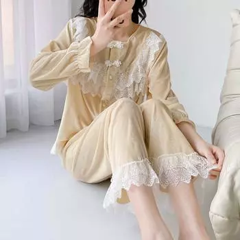 Осенне-зимняя пижама, бархатный пижамный комплект с V-образным вырезом, женская кружевная пижама, повседневный ночной костюм с длинным рукавом, домашняя одежда M