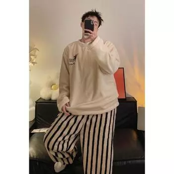 Осенне-зимняя пижама для мужчин из кораллового флиса с забавным рисунком медведя из мультфильма, пижамный комплект для молодых мальчиков, теплая фланель, мягкая пижама для мужчин, домашняя одежда Male L