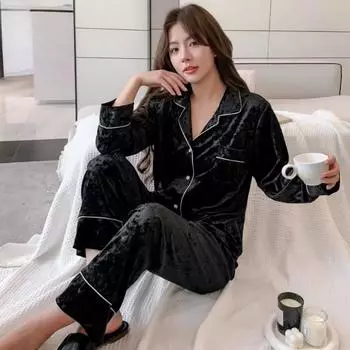 Осенне-зимняя пижама для женщин, брюки с длинными рукавами, можно носить семейную одежду на улице M чёрный