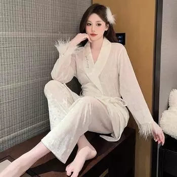 Осенне-зимняя пижама из бархата в полоску с золотыми и ромбовидными перьями, женская домашняя пижама из двух предметов M чёрный