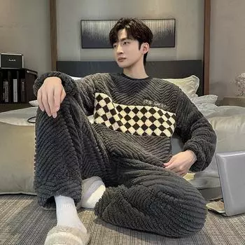 Осенне-зимняя пижама из кораллового флиса для мужчин, утолщенная и бархатная, теплая, молодежная, большая фланель, зимний домашний меховой комплект L