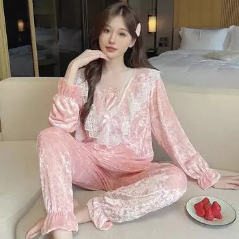 Осенне-зимняя пижама, модная, для молодых, утепленная, теплая, комплект пижам с кружевными оборками, золотистая, бархатная, женская, милая, удобная, домашняя одежда M