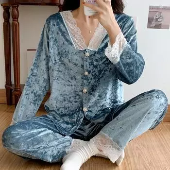 Осенне-зимняя пижама, модная женская утепленная пижама, кружевная бархатная пижама, женская мягкая удобная домашняя одежда для рождественского подарка M