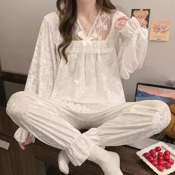 Осенне-зимняя пижама, модная женская утепленная пижама с кружевным бантом, бархатная пижама для женщин, мягкая и удобная домашняя одежда для молодой девушки M