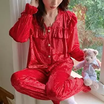 Осенне-зимняя пижама, модная женская утепленная теплая пижама с кружевными оборками, золотистая бархатная пижама для женщин y2k, мягкая, удобная домашняя одежда M