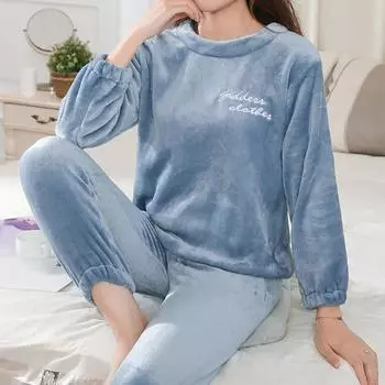 Осенне-зимняя пижама, теплая женская пижама из кораллового флиса, удобная свободная домашняя одежда, свободный комплект из двух частей с длинными рукавами и надписью «Теплая пижама» M