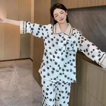 Осенне-зимняя пижама, женские набивные шелковые брюки с длинными рукавами, домашняя одежда из двух частей, костюм из ледяного шелка для женщин M